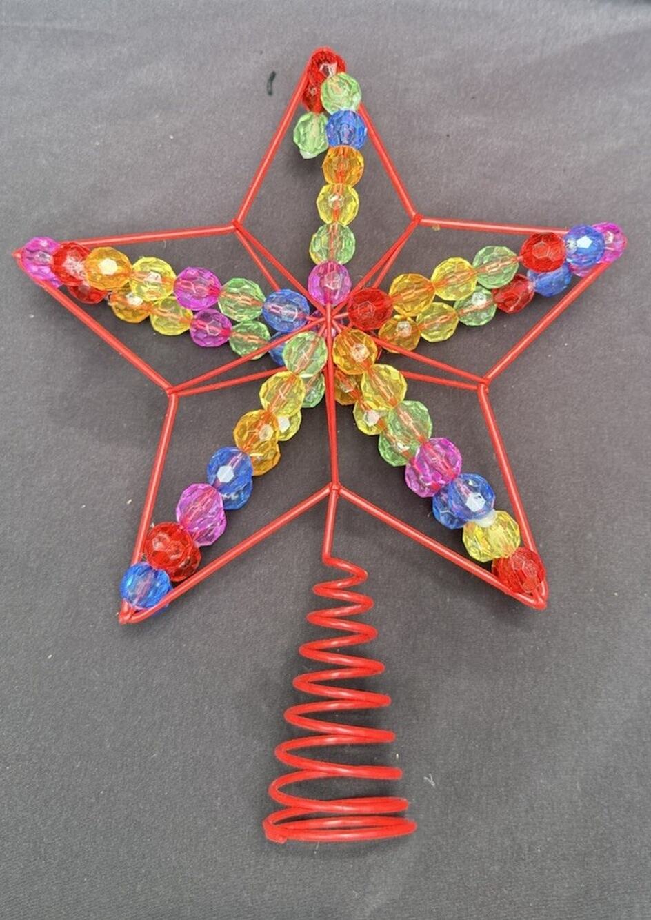 Vintage Wire Red Beaded Bead Wrapped Star Shaped Christmas Tree Topper Cute!
